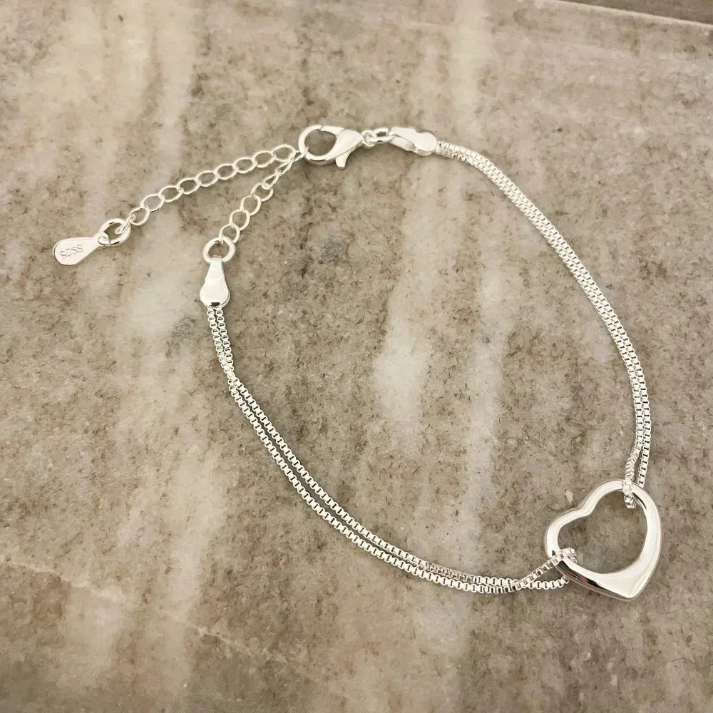 925 Sterling Silver Layer Heart Bracelet Dainty Minimalist Heart Bracelet - Picture 4 of 4